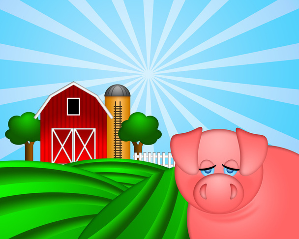 świnia na zielonych pastwiskach z czerwonej stodoły z silosu ziarno - Zdjęcie, obraz