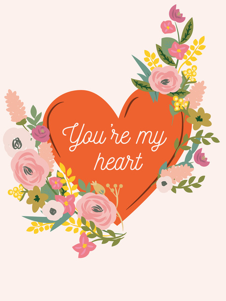 Beautiful retro floral card for Valentines Day. Cute flat vector graphics - Vektori, kuva