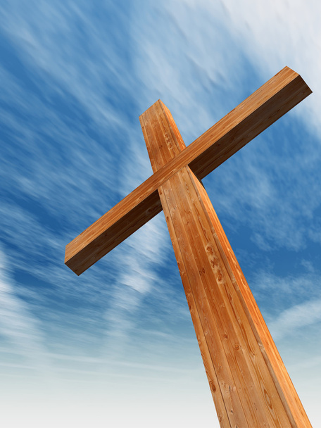 Concept of conceptuele houten kruis of religie symbool vorm over een blauwe hemel met wolken achtergrond - Foto, afbeelding