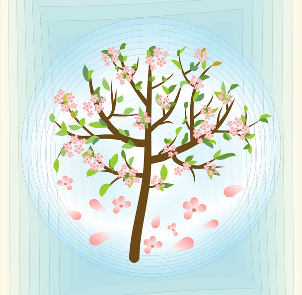 Tree with pink blossom, spring theme on abstract blue background, vector design element  - Vektor, kép
