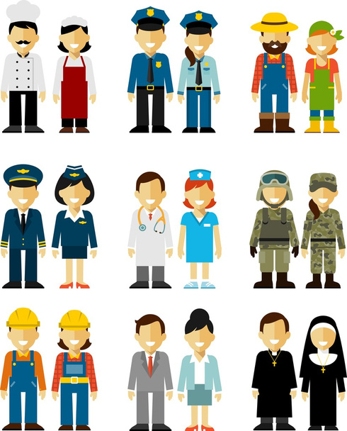 People occupation characters man and woman set in flat style isolated on white background - Vector, Image
