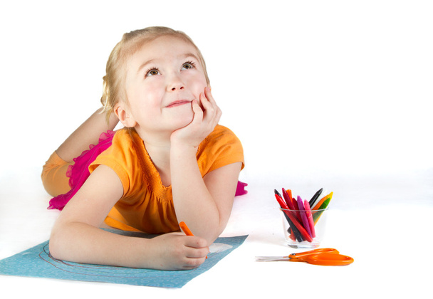 A girl drawing a rainbow, thinking - Photo, Image