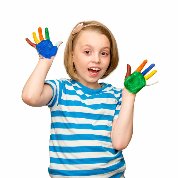 Szép boldog kislány kezével a paint programban. - Fotó, kép