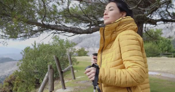 woman with walking poles looking out to mountain - Video