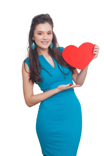 Valentine's Day. Beautiful smiling woman with a gift in the form of heart in his hands - Foto, Imagem