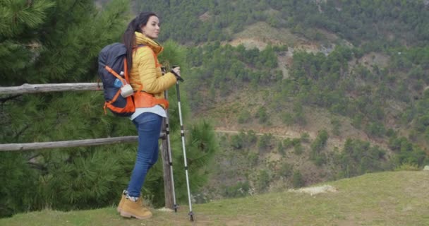 woman hiking on mountain plateau - Πλάνα, βίντεο