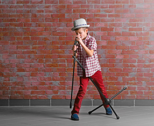 Little boy singing with microphone  - Fotó, kép