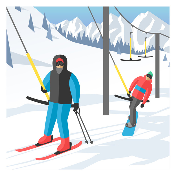 スノーボーダーはスキー場ゴンドラ リフト リフトに座っています。冬スポーツ リゾートの背景 - ベクター画像
