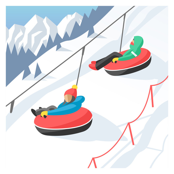 Snowboarder sentado en la góndola de esquí y ascensores. Fondo del complejo deportivo de invierno
 - Vector, imagen