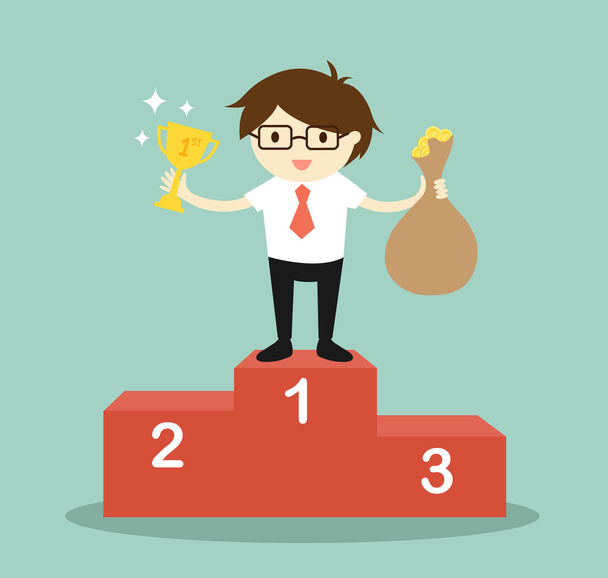 Business concept, businessman standing on the winning podium, he holding trophy and a bag of money. Vector illustration. - Vector, Image