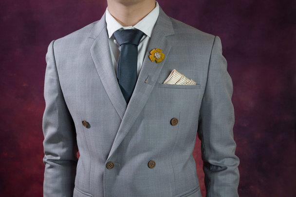 グレーのスーツ プラッド テクスチャ、ダブル ブレスト - 写真・画像