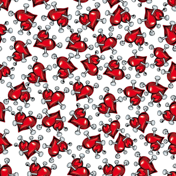 Cartoon red hearts pierced by nails pattern - Wektor, obraz