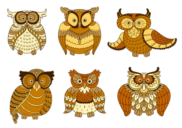 Brown and yellow spotted forest owl birds - Vector, Image