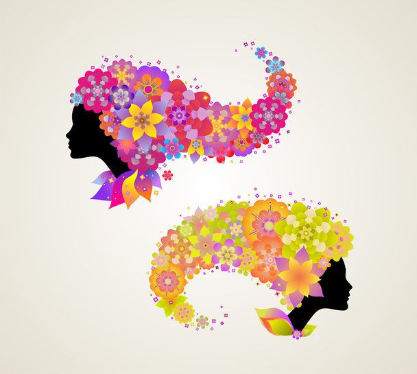 Женский профиль с цветочными волосами
 - Вектор,изображение
