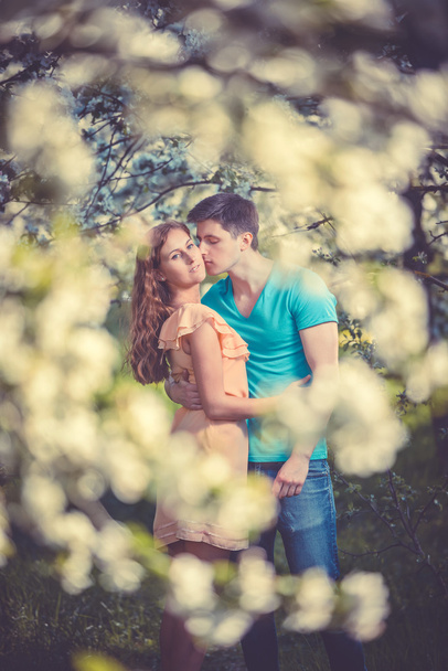 Young beautiful couple in love among apple trees - Φωτογραφία, εικόνα