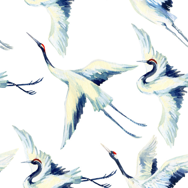 Υδατογραφία ασιατικό πουλί γερανό απρόσκοπτη μοτίβο - Φωτογραφία, εικόνα