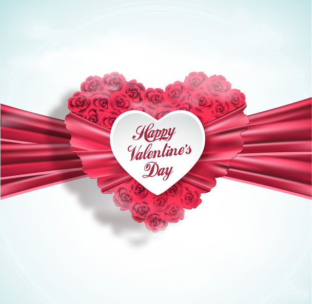 Valentine heart made of roses with pink ribbon - Vetor, Imagem
