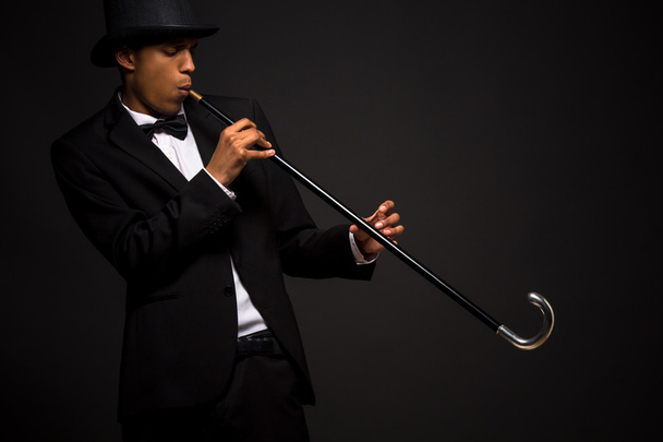 Handsome man in top hat posing with cane - Foto, Imagen