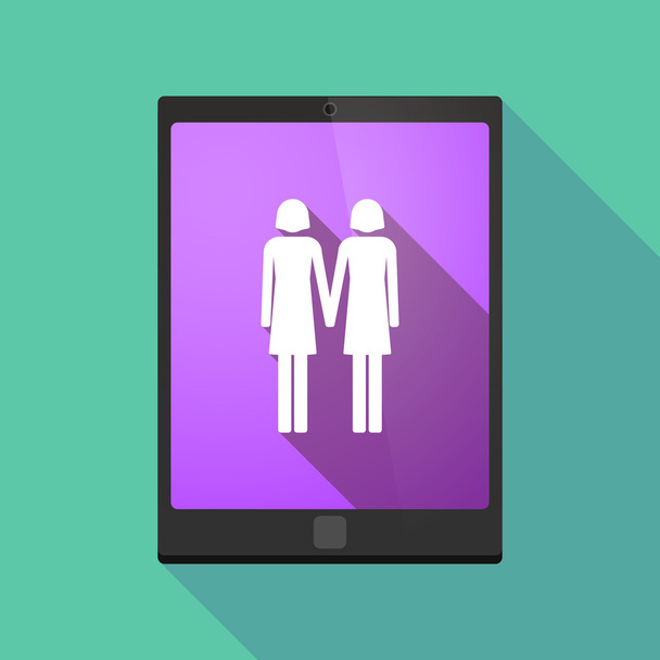 Lunga ombra tablet pc icona con una coppia lesbica pittogramma
 - Vettoriali, immagini