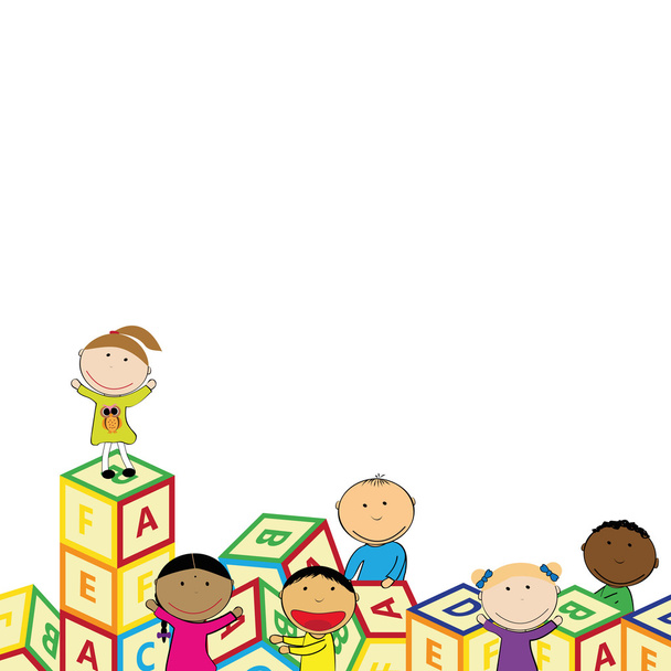Happy kids and colorful blocks - Vector, Image