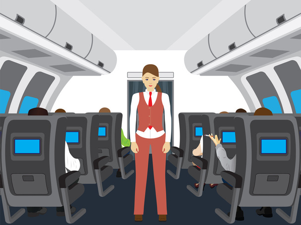 Passengers and stewardess on the plane. - Vector, Image