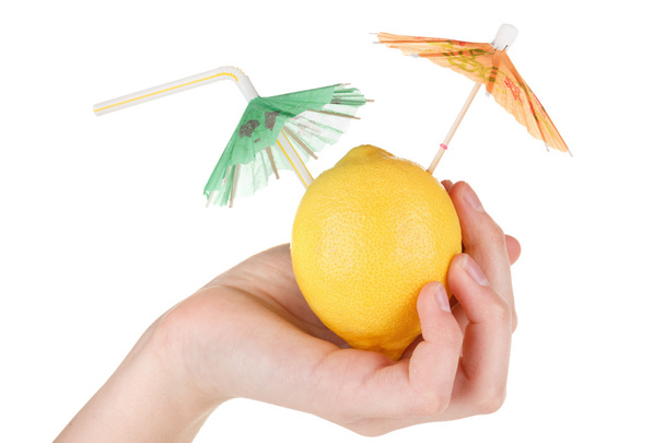 Lemon fruit juice with umbrella isolated on white  - Zdjęcie, obraz