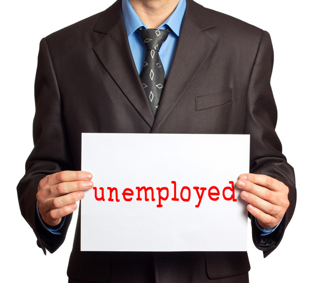 Un hombre con un cartel que dice "desempleado"
" - Foto, Imagen