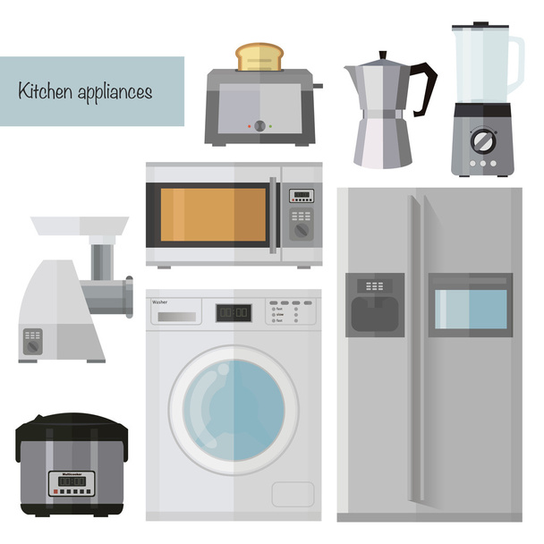 Set de electrodomésticos de cocina iconos planos con lavadora, nevera, microondas, cafetera, tostadora, picadora, licuadora, Multicooker
 - Vector, imagen