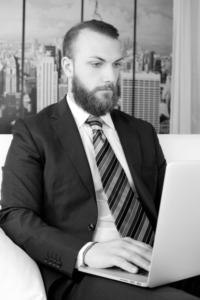 Handsome business man with beard working in office on laptop black and white - Фото, изображение