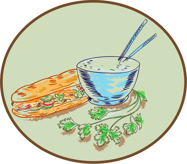 Bannh Mi Sandwich and Rice Bowl Drawing - Vektor, kép