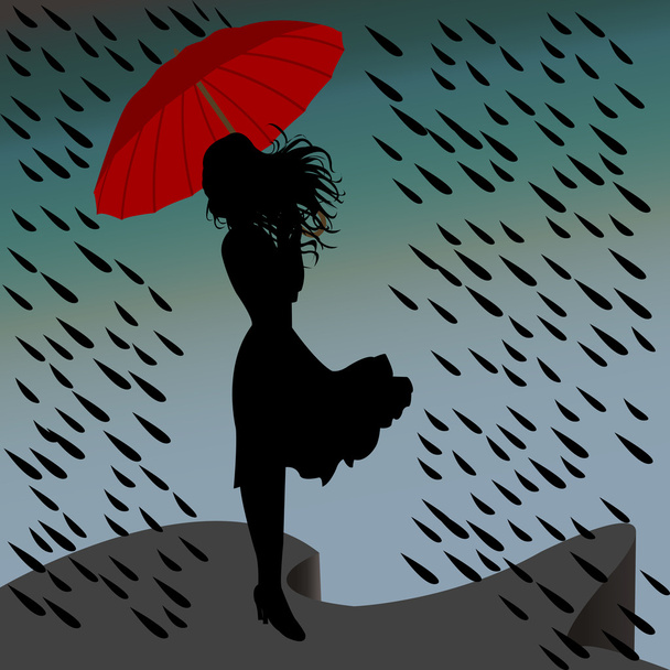Frauensilhouette steht mit Regenschirm im Regen - Foto, Bild
