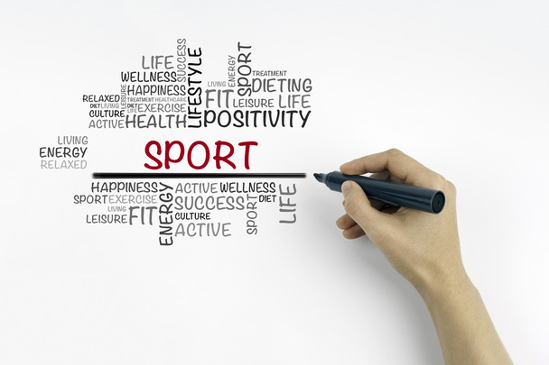 Hand met de markeerdraad schrijven Sport woord wolk, sport, fitness en gezondheid - Foto, afbeelding