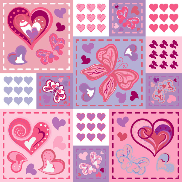 Seamless background with butterflies hearts in patchwork style. Vector illustration - Vecteur, image