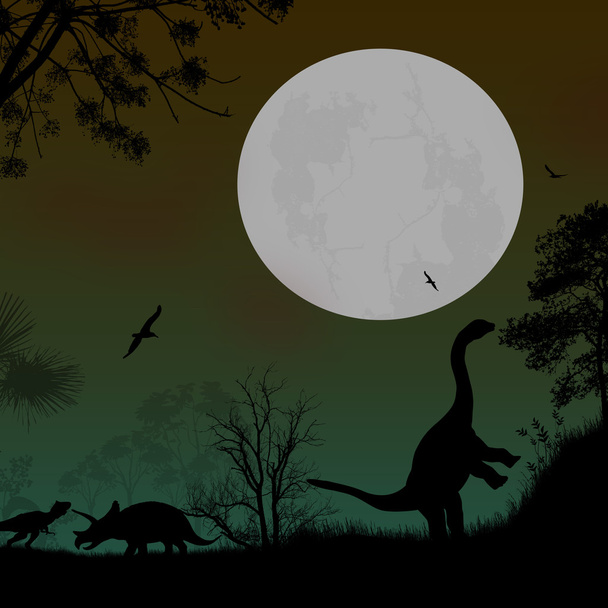Dinosaurs Silhouettes at night - Vector, Image