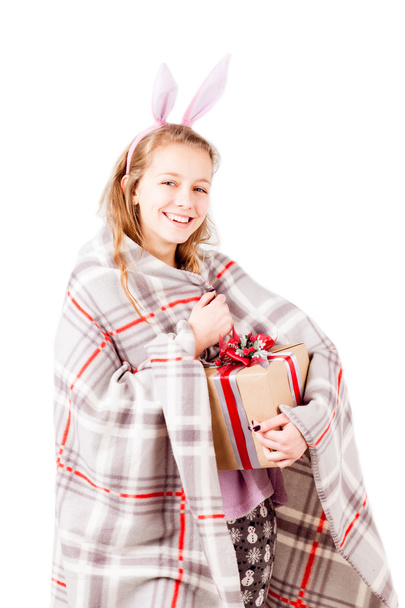 Girl with blanket hold holiday present isolated - Fotografie, Obrázek