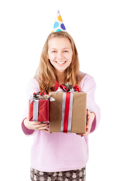 Girl holding gifts  isolated - Φωτογραφία, εικόνα