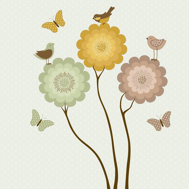 Flores com pássaros e borboletas
 - Vetor, Imagem