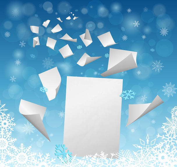 White blank papers flying away into the winter snowflakes  - new year resolutions idea. - Вектор, зображення