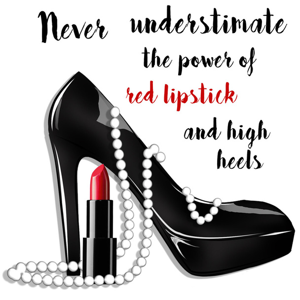 fashion and beauty illustration - black stiletto shoe with pearls and lipstick - Photo, Image
