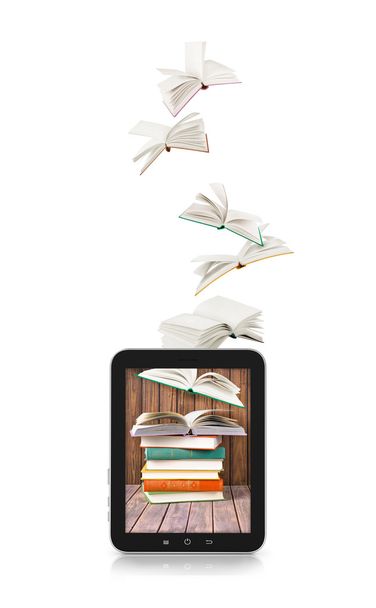 Books flying in a tablet isolated on white - Foto, imagen
