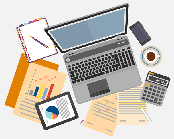 Top view of workplace with documents and laptop. - Vector, Image