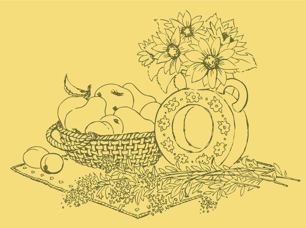 Florero bodegón vectorial con flores fragantes y fruta en un festín
 - Vector, imagen