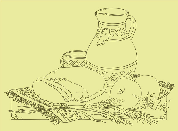 Векторный натюрморт яблок, хлеба и молока
 - Вектор,изображение