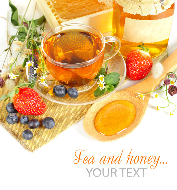 Té, fruta orgánica y miel - desayuno saludable
 - Foto, imagen