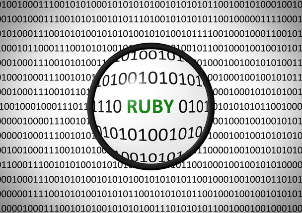 Binary code with RUBY and magnifying lens - Photo, Image