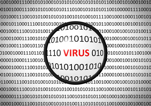 Двоичный код с вирусом и увеличительной линзой
 - Фото, изображение