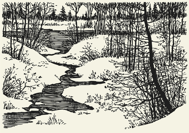 Vector landscape. Winter creek in the forest - Vector, Image