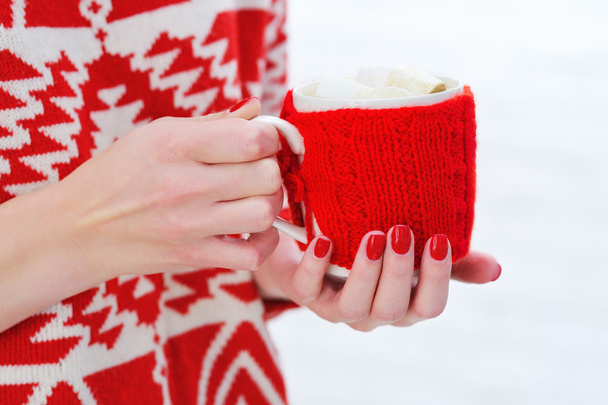Woman hands holding mug with hot chocolate - Fotó, kép