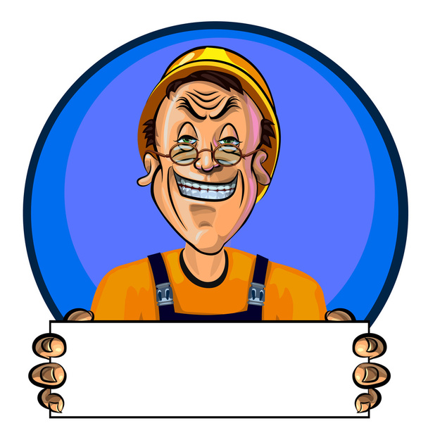 Vector image of smiling workman holding blank poster - Vektor, obrázek