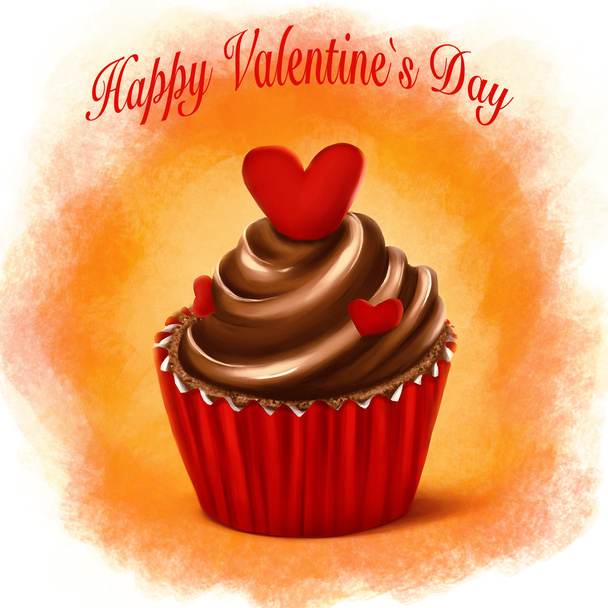 Red cupcake illustration with heart shaped decorations and choco - Foto, Imagen
